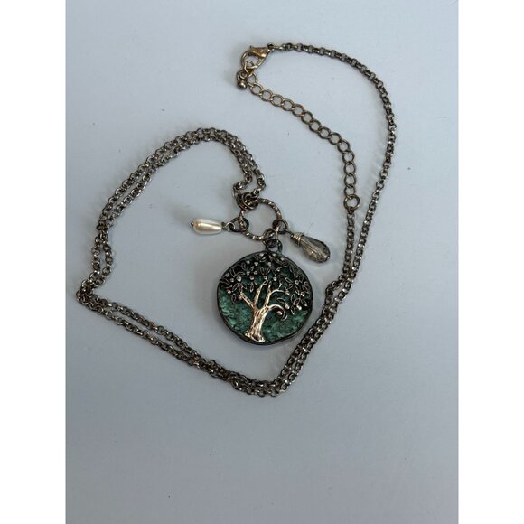 Tree Of Life Pendant Necklace on Blue Enamel Disc Pearl Crystal Charms Silver-To - Picture 6 of 6